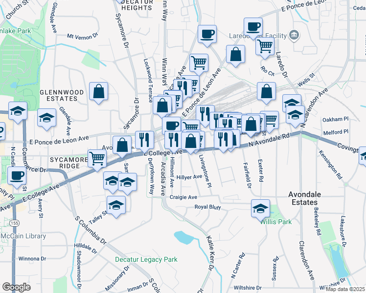 map of restaurants, bars, coffee shops, grocery stores, and more near 2748 East College Avenue in Decatur