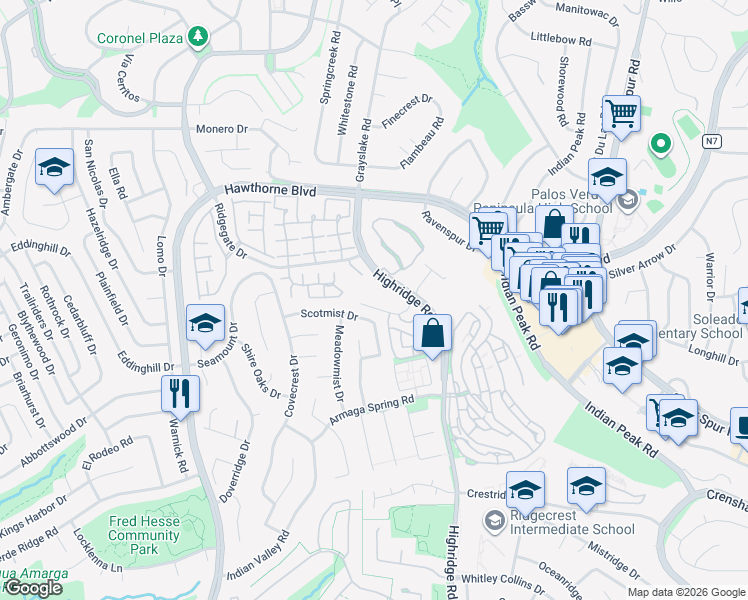 map of restaurants, bars, coffee shops, grocery stores, and more near in Palos Verdes Estates