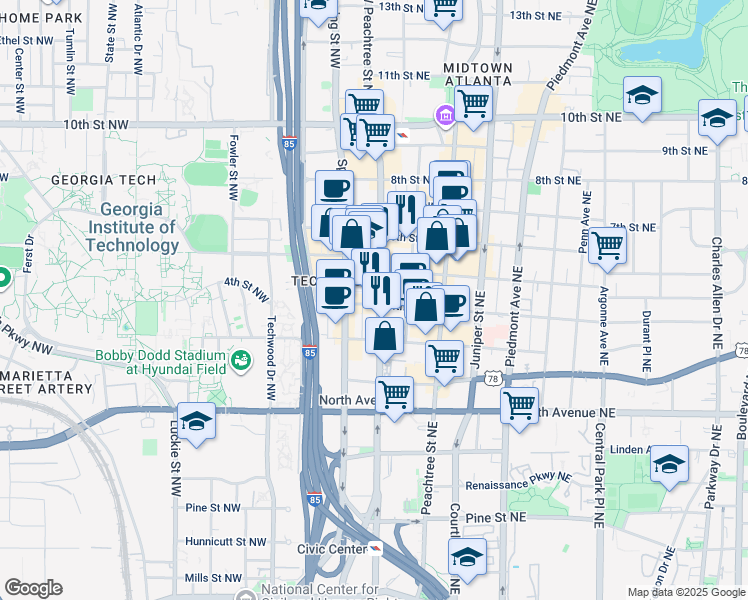 map of restaurants, bars, coffee shops, grocery stores, and more near 756 West Peachtree Street Northwest in Atlanta