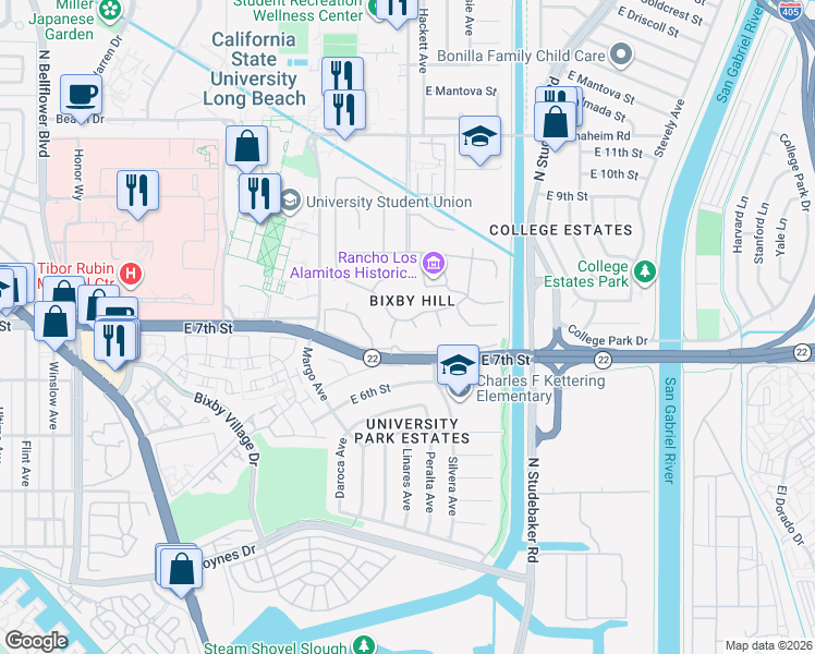 map of restaurants, bars, coffee shops, grocery stores, and more near 715 Lariat Circle in Long Beach
