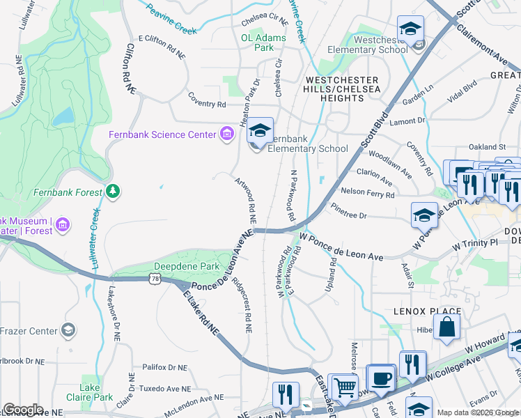 map of restaurants, bars, coffee shops, grocery stores, and more near 874 Artwood Road Northeast in Atlanta