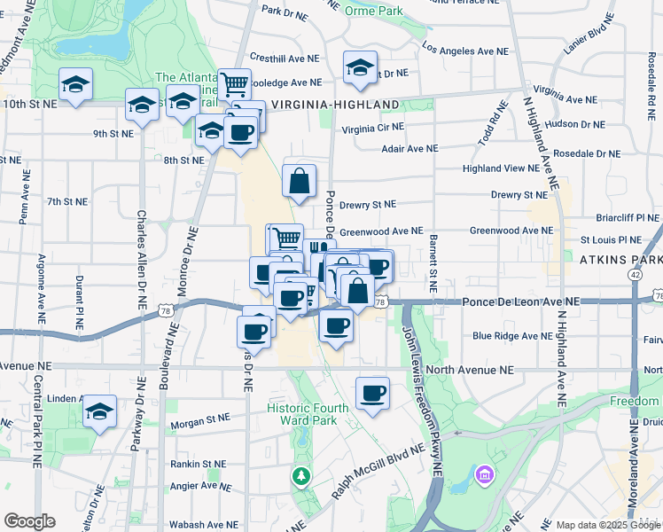 map of restaurants, bars, coffee shops, grocery stores, and more near Ponce De Leon Pl NE & St Charles Ave NE in Atlanta