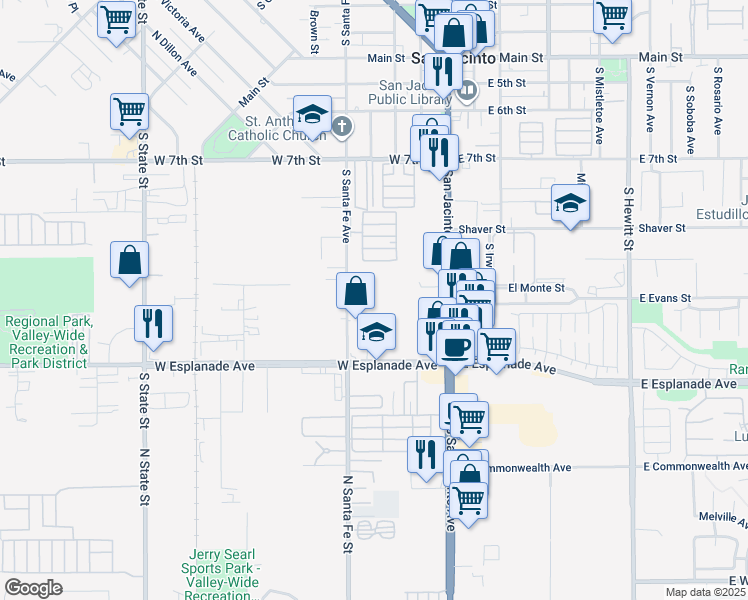 map of restaurants, bars, coffee shops, grocery stores, and more near 1231 South Santa Fe Avenue in San Jacinto