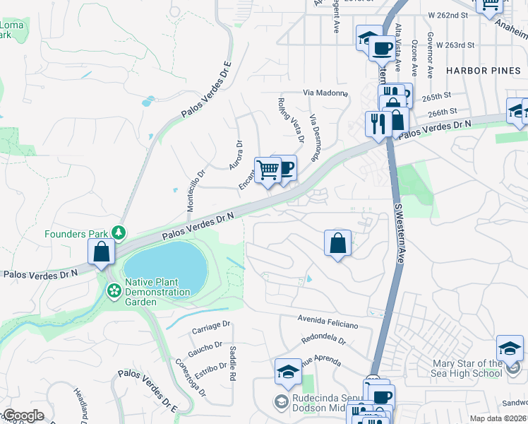 map of restaurants, bars, coffee shops, grocery stores, and more near 2110 Palos Verdes Drive North in Lomita