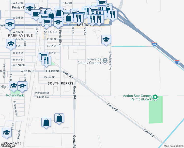 map of restaurants, bars, coffee shops, grocery stores, and more near 1221 South G Street in Perris