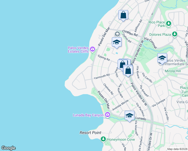 map of restaurants, bars, coffee shops, grocery stores, and more near 2132 Paseo Del Mar in Palos Verdes Estates