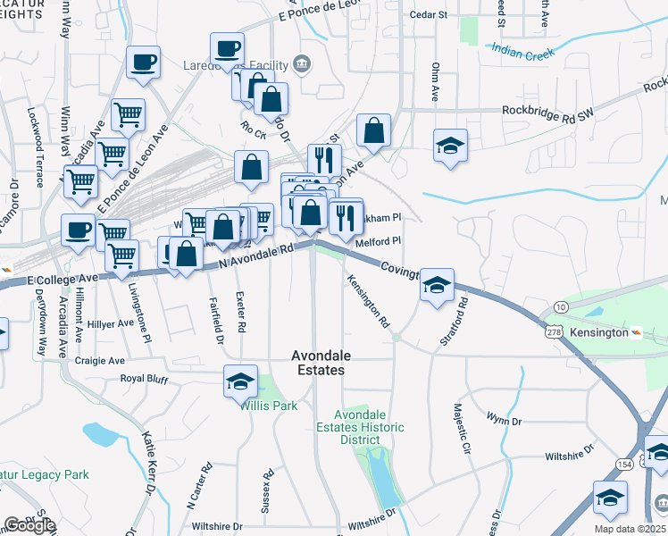 map of restaurants, bars, coffee shops, grocery stores, and more near 15 South Avondale Plaza in Avondale Estates