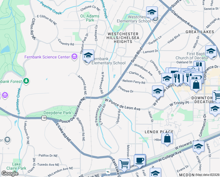 map of restaurants, bars, coffee shops, grocery stores, and more near 126 Scott Boulevard in Decatur
