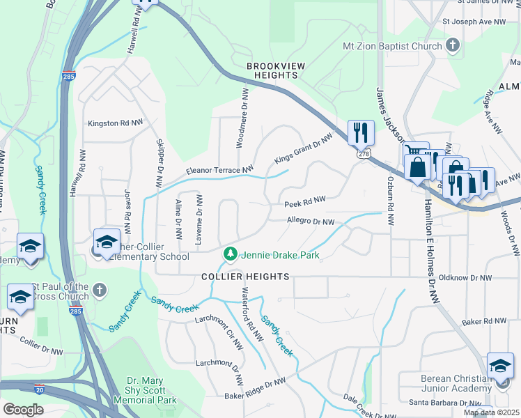 map of restaurants, bars, coffee shops, grocery stores, and more near 2974 West Peek Road Northwest in Atlanta