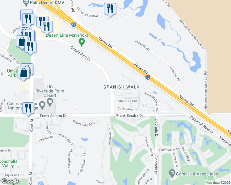 map of restaurants, bars, coffee shops, grocery stores, and more near 305 Paseo Gusto in Palm Desert