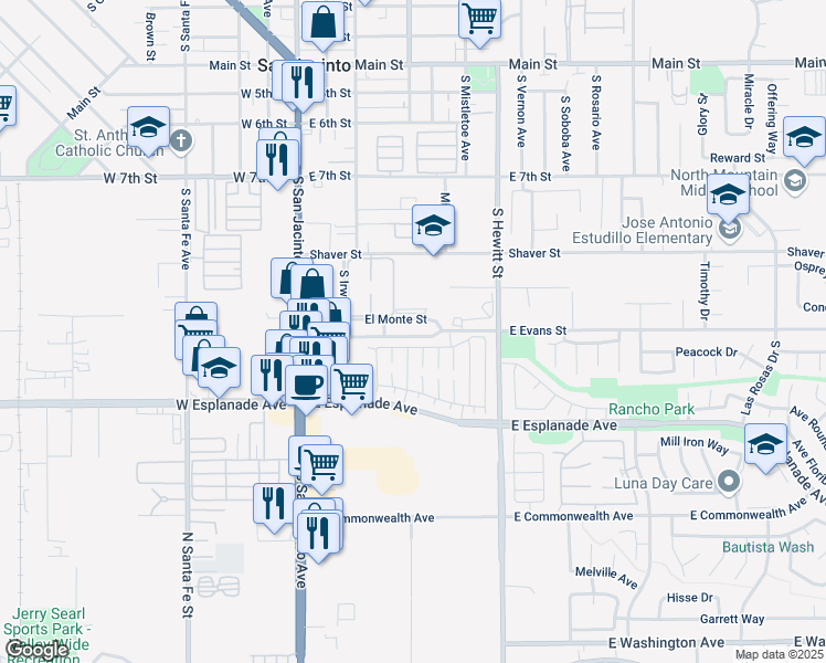 map of restaurants, bars, coffee shops, grocery stores, and more near 416 El Monte Street in San Jacinto
