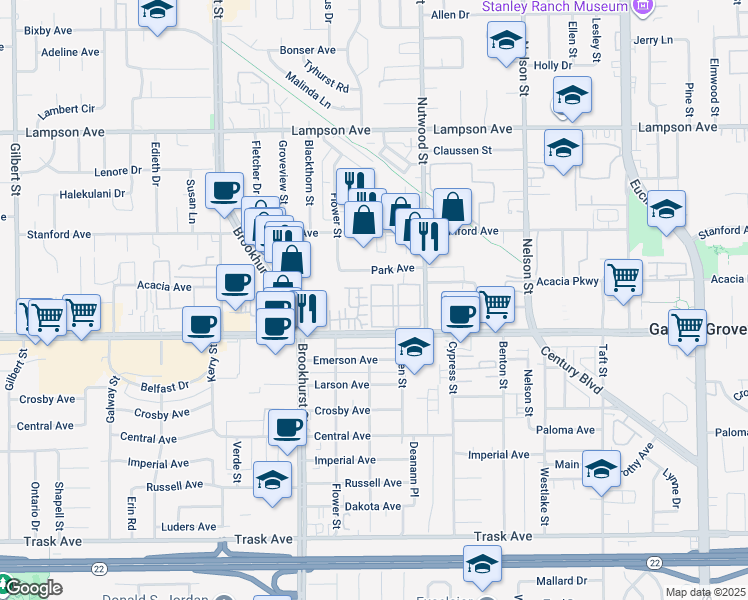 map of restaurants, bars, coffee shops, grocery stores, and more near 10371 Garden Grove Boulevard in Garden Grove