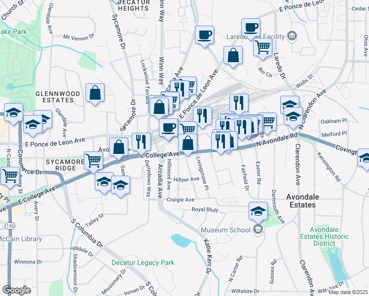 map of restaurants, bars, coffee shops, grocery stores, and more near 2748 East College Avenue in Decatur