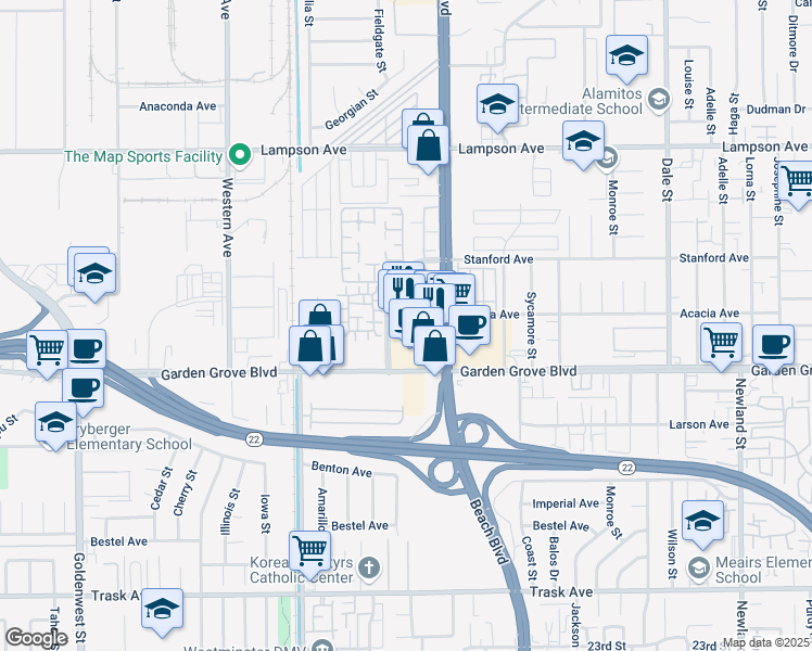 map of restaurants, bars, coffee shops, grocery stores, and more near 12865 Beach Boulevard in Stanton