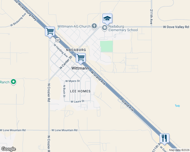 map of restaurants, bars, coffee shops, grocery stores, and more near 21509 West Grand Avenue in Wittmann