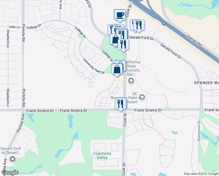 map of restaurants, bars, coffee shops, grocery stores, and more near 37580 College Drive in Palm Desert