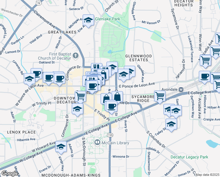 map of restaurants, bars, coffee shops, grocery stores, and more near 305 East Ponce de Leon Avenue in Decatur