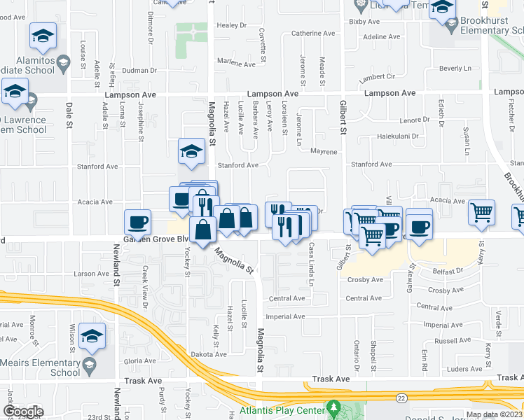 map of restaurants, bars, coffee shops, grocery stores, and more near 12891 Shackelford Lane in Garden Grove