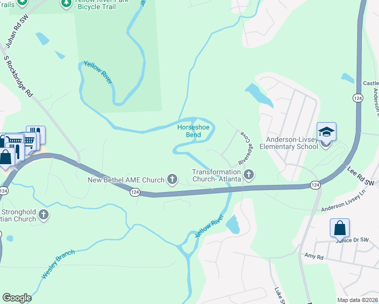 map of restaurants, bars, coffee shops, grocery stores, and more near 4854 Riveredge Cove in Snellville