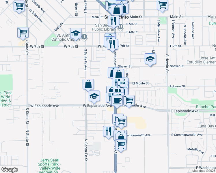 map of restaurants, bars, coffee shops, grocery stores, and more near 1190 California 79 in San Jacinto