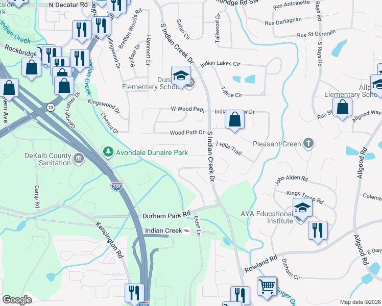 map of restaurants, bars, coffee shops, grocery stores, and more near 3948 Springleaf Drive in Stone Mountain