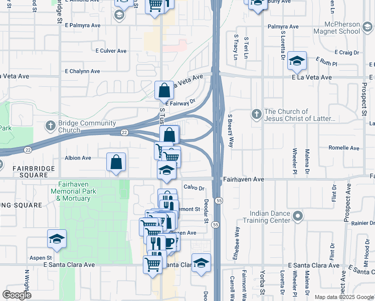 map of restaurants, bars, coffee shops, grocery stores, and more near 777 Ponderosa Street in Orange