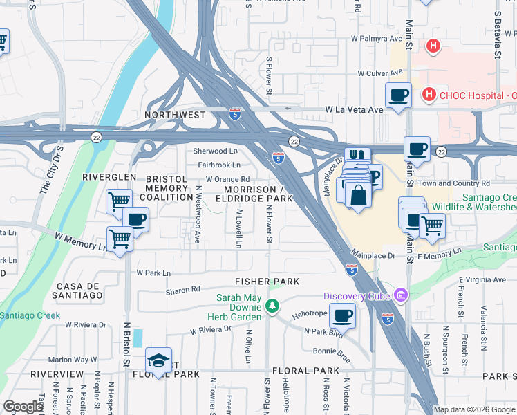 map of restaurants, bars, coffee shops, grocery stores, and more near 2817 North Flower Street in Santa Ana
