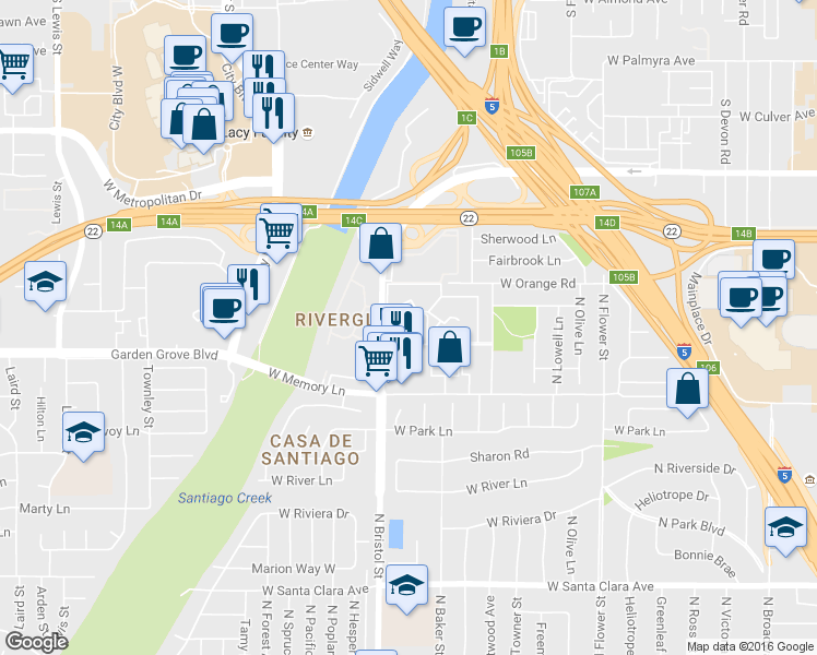 map of restaurants, bars, coffee shops, grocery stores, and more near 2833 North Bristol Street in Santa Ana