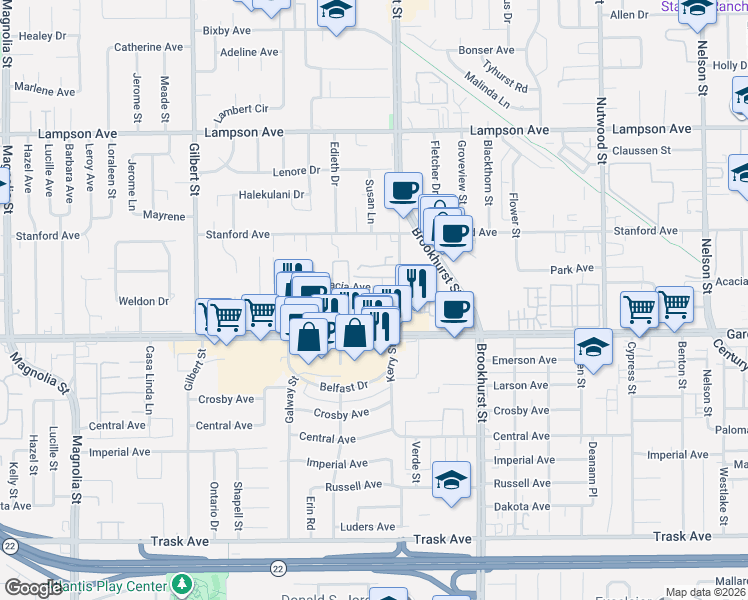map of restaurants, bars, coffee shops, grocery stores, and more near 9901 Acacia Avenue in Garden Grove