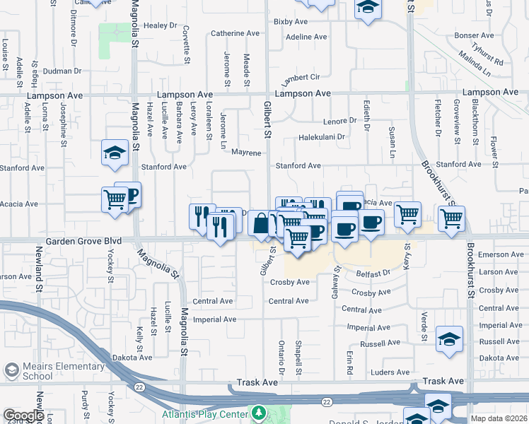 map of restaurants, bars, coffee shops, grocery stores, and more near 12881 Gilbert Street in Garden Grove