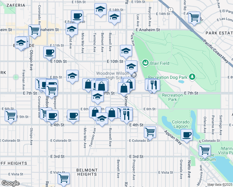 map of restaurants, bars, coffee shops, grocery stores, and more near 709 Bennett Avenue in Long Beach