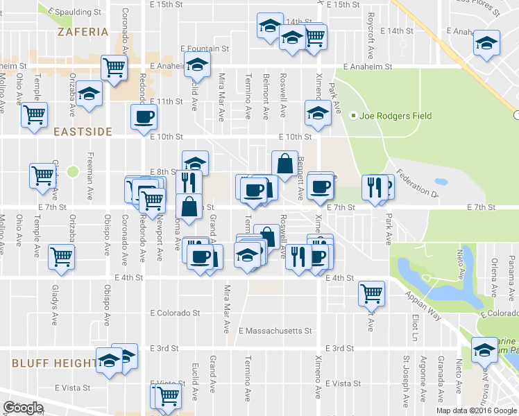 map of restaurants, bars, coffee shops, grocery stores, and more near 4107 East 7th Street in Long Beach