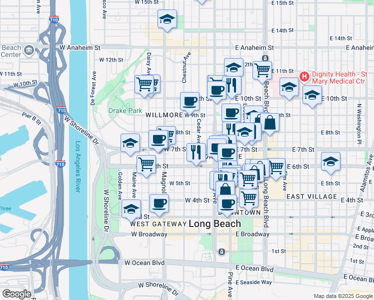 map of restaurants, bars, coffee shops, grocery stores, and more near 309 West 7th Street in Long Beach