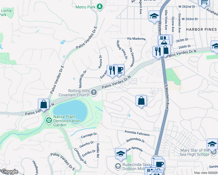 map of restaurants, bars, coffee shops, grocery stores, and more near 2102 Palos Verdes Drive North in Lomita