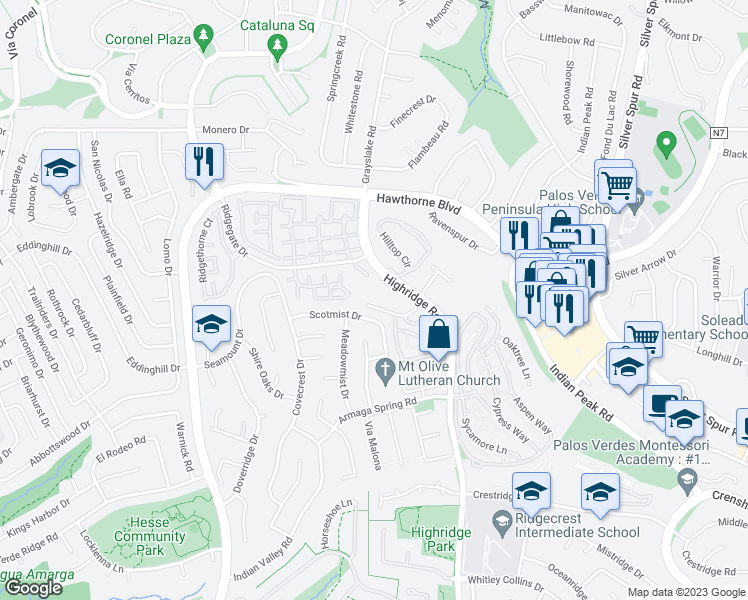 map of restaurants, bars, coffee shops, grocery stores, and more near 5975 Peacock Ridge Road in Rancho Palos Verdes