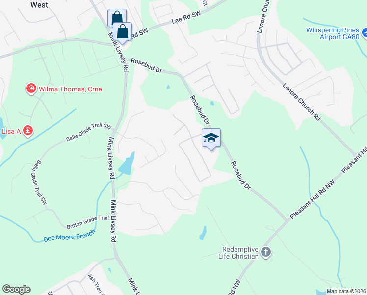map of restaurants, bars, coffee shops, grocery stores, and more near 3572 Rosebud Park Drive Southwest in Snellville