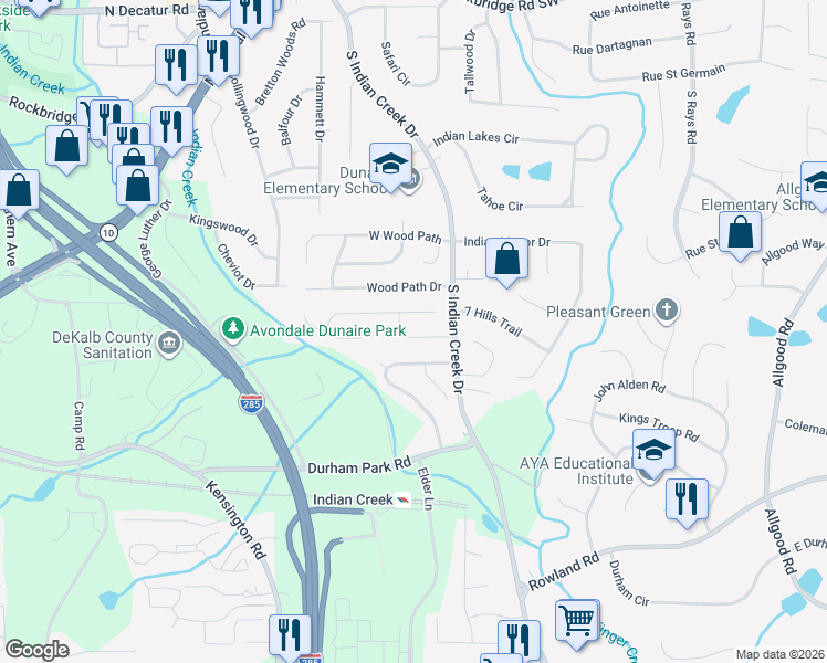 map of restaurants, bars, coffee shops, grocery stores, and more near 3948 Springleaf Drive in Stone Mountain