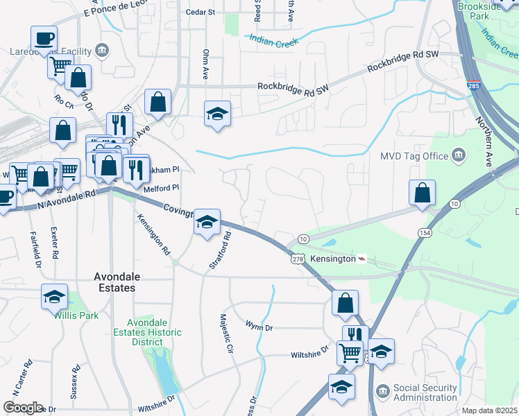 map of restaurants, bars, coffee shops, grocery stores, and more near 3220 Creole Lane in Avondale Estates