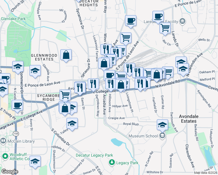 map of restaurants, bars, coffee shops, grocery stores, and more near 2718 East College Avenue in Decatur