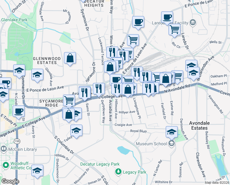 map of restaurants, bars, coffee shops, grocery stores, and more near 2718 East College Avenue in Decatur