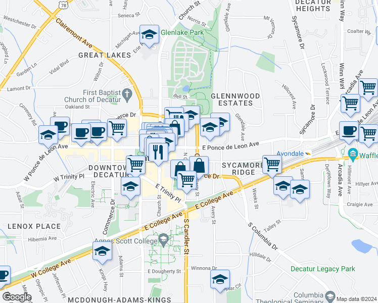 map of restaurants, bars, coffee shops, grocery stores, and more near 305 East Ponce de Leon Avenue in Decatur