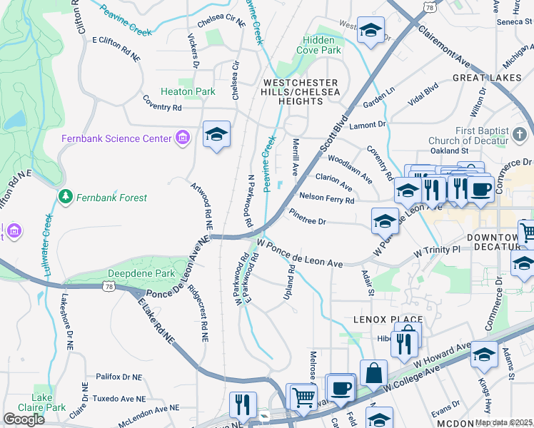 map of restaurants, bars, coffee shops, grocery stores, and more near 687 North Parkwood Road in Decatur