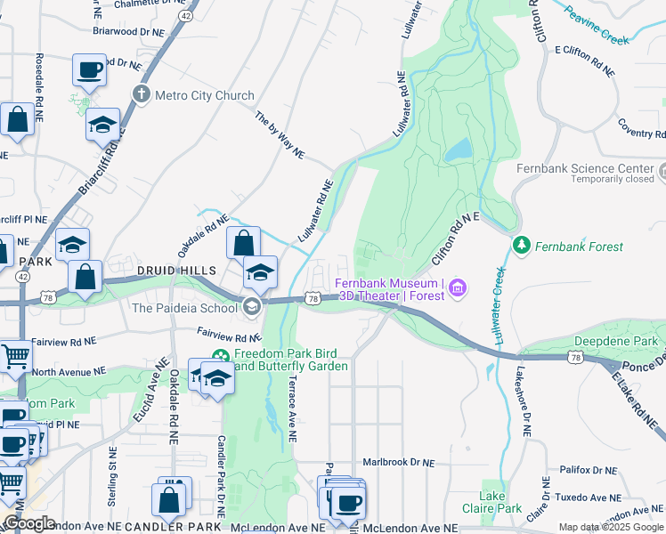 map of restaurants, bars, coffee shops, grocery stores, and more near 52 Lullwater Estate Northeast in Atlanta