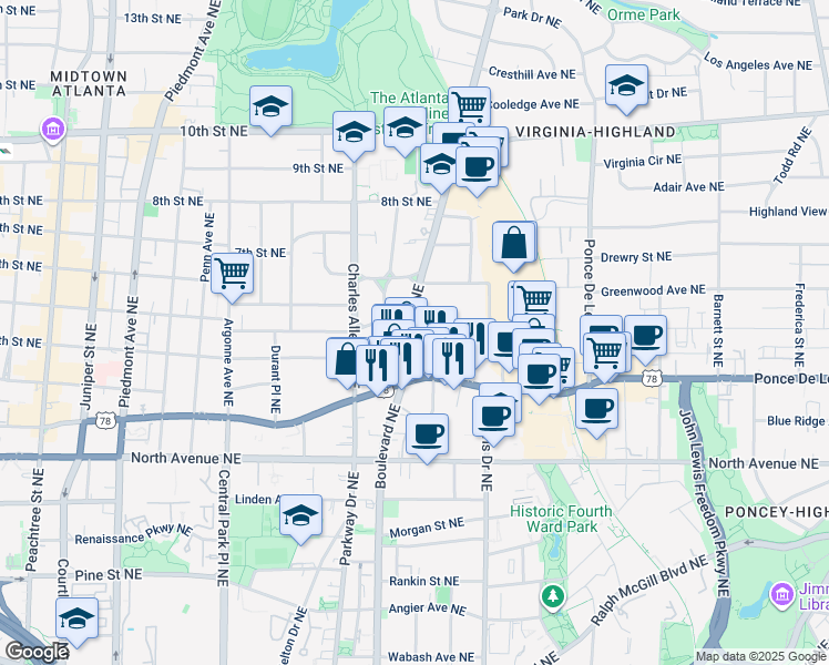map of restaurants, bars, coffee shops, grocery stores, and more near 771 Monroe Drive Northeast in Atlanta