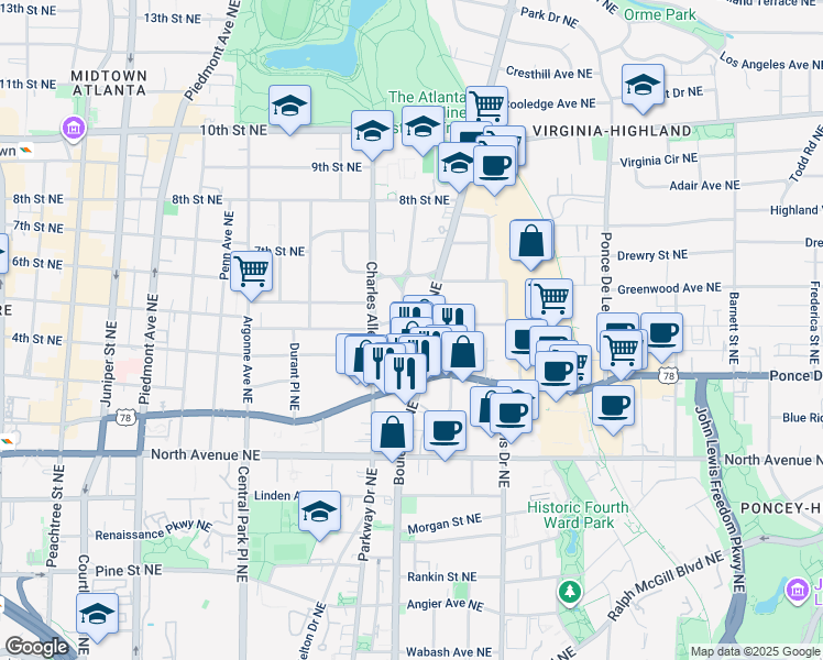 map of restaurants, bars, coffee shops, grocery stores, and more near 773 Vedado Way Northeast in Atlanta