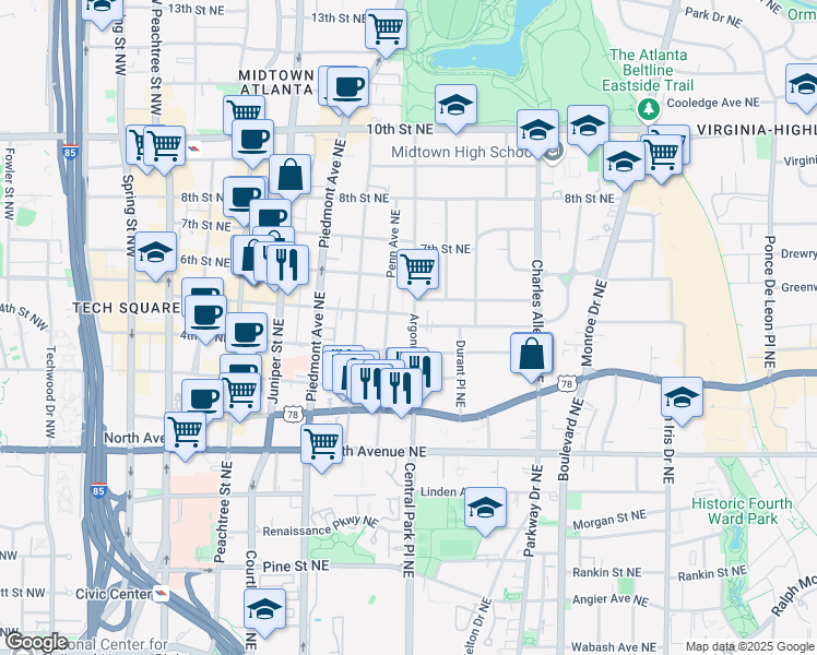 map of restaurants, bars, coffee shops, grocery stores, and more near 758 Argonne Avenue Northeast in Atlanta