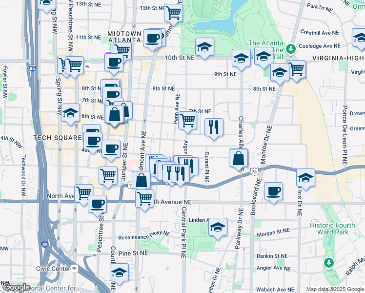 map of restaurants, bars, coffee shops, grocery stores, and more near 758 Argonne Avenue Northeast in Atlanta