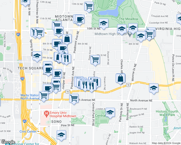 map of restaurants, bars, coffee shops, grocery stores, and more near 764 Argonne Avenue Northeast in Atlanta