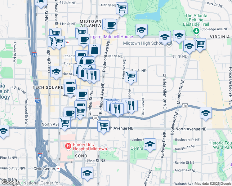 map of restaurants, bars, coffee shops, grocery stores, and more near 759 Myrtle Street Northeast in Atlanta