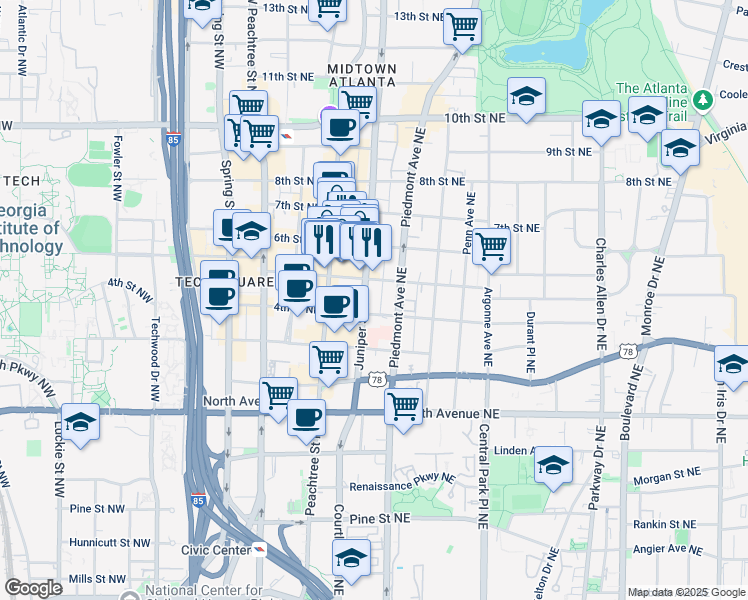 map of restaurants, bars, coffee shops, grocery stores, and more near 775 Juniper Street Northeast in Atlanta